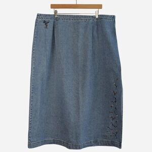 Vintage 90s Disney Store Mickey Mouse Embroidered Denim Midi Skirt Plus 3X